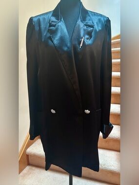 JS Collections Black Satin Double-Breasted Blazer with Rhinestone Accents